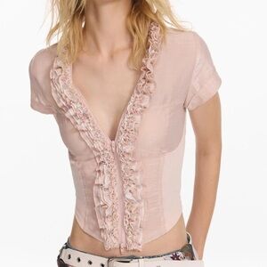 NWT Netting Floral Patchwork Multi Layer Ruffle Shimmer Short Sleeve Shirt